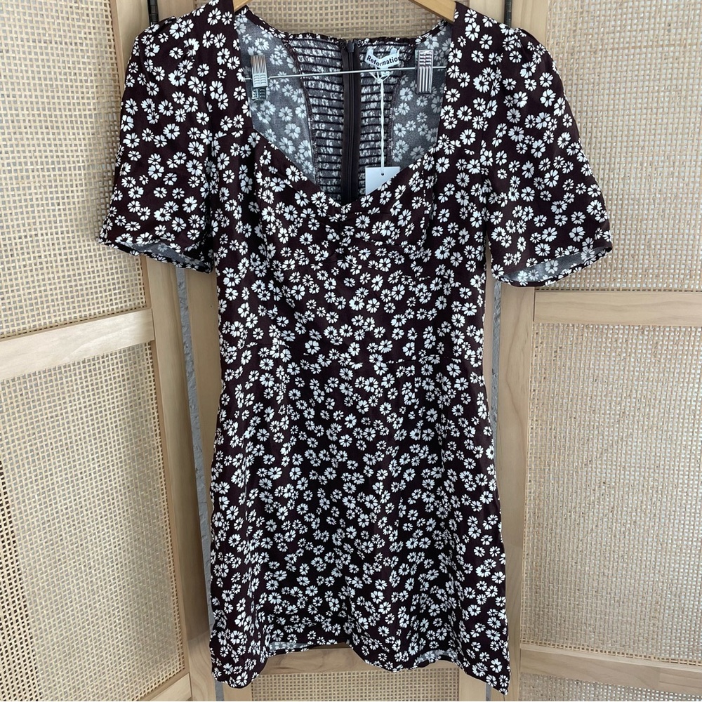NWT REFORMATION SHORT SLEEVE BROWN WHITE FLORAL DRESS BRITTNEY MAPLE SIZE 8